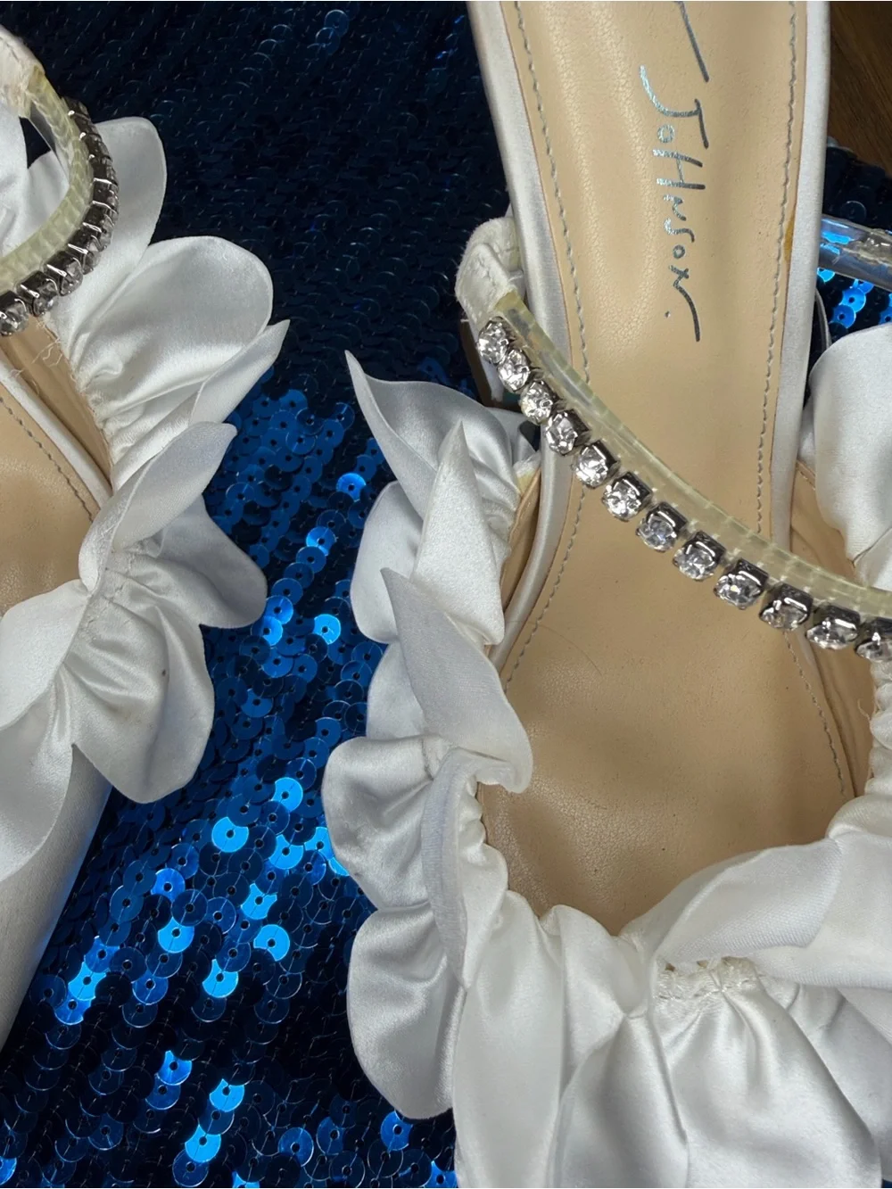 Beautiful Betsey Johnson White Satin Ruffle Mules with Rhinestone Straps